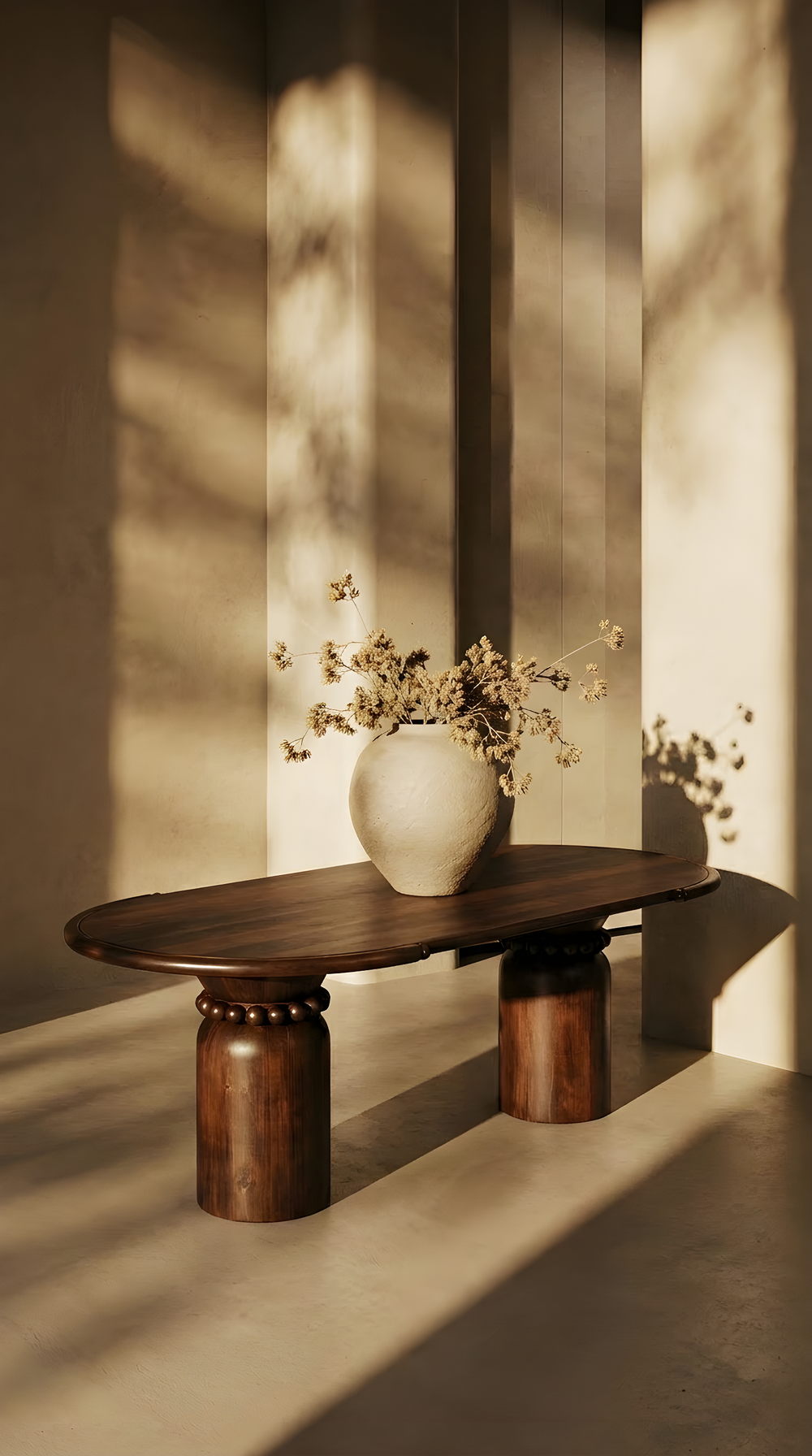 Wooden dining table in warm morning light, Huba Concept